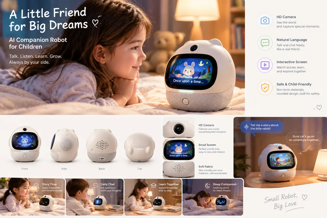 Children’s AI companion robot with a screen face, HD camera and soft-fabric base, beside a child at bedtime