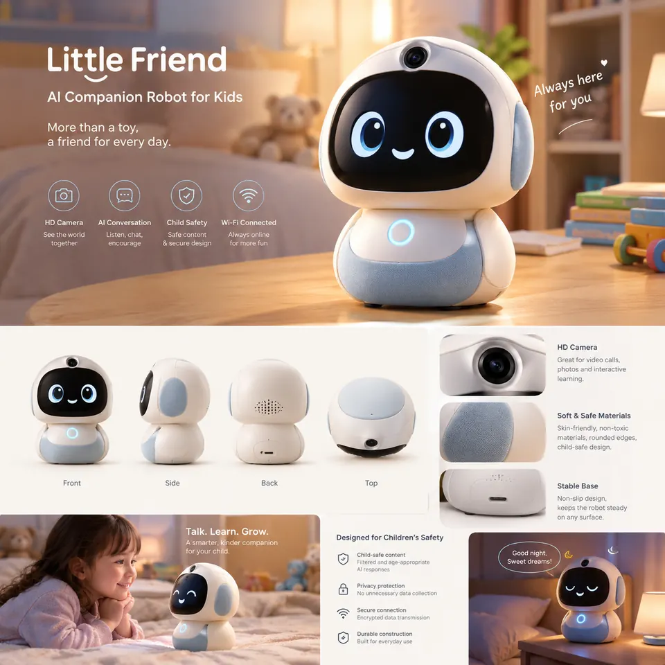 Round-bodied children’s AI companion robot with expressive screen eyes, camera and Wi-Fi